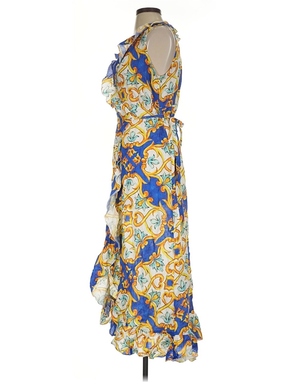 LUISA POSITANO Italy Linen Majolica Print Ruffle Wrap Maxi Dress Blue Yellow S - Picture 5 of 5